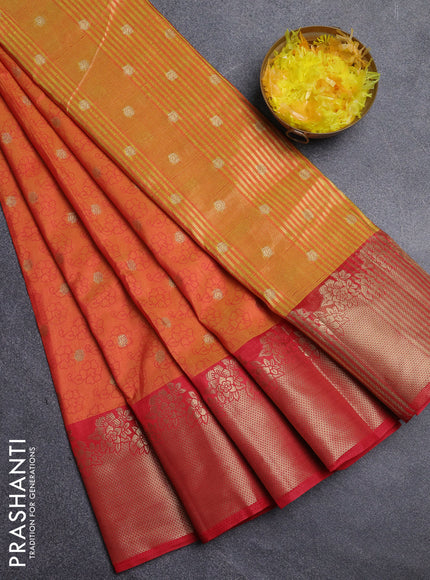 Semi raw silk saree orange and red with floral prints & 1000 buttas and zari woven border