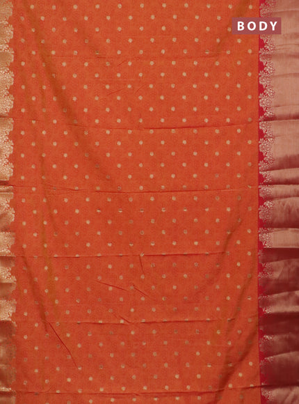 Semi raw silk saree orange and red with floral prints & 1000 buttas and zari woven border