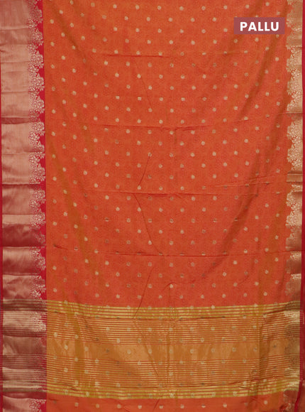 Semi raw silk saree orange and red with floral prints & 1000 buttas and zari woven border