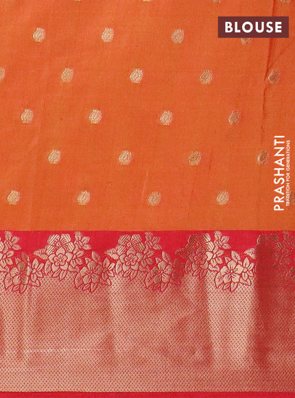 Semi raw silk saree orange and red with floral prints & 1000 buttas and zari woven border