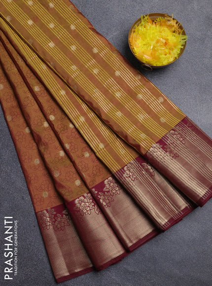 Semi raw silk saree dark mustard and maroon with floral prints & 1000 buttas and zari woven border
