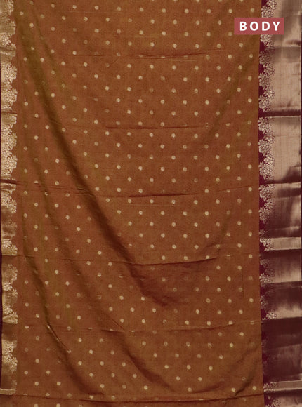 Semi raw silk saree dark mustard and maroon with floral prints & 1000 buttas and zari woven border