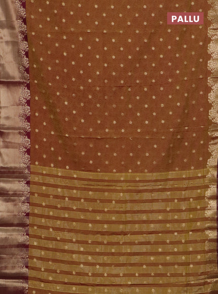 Semi raw silk saree dark mustard and maroon with floral prints & 1000 buttas and zari woven border