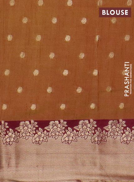Semi raw silk saree dark mustard and maroon with floral prints & 1000 buttas and zari woven border
