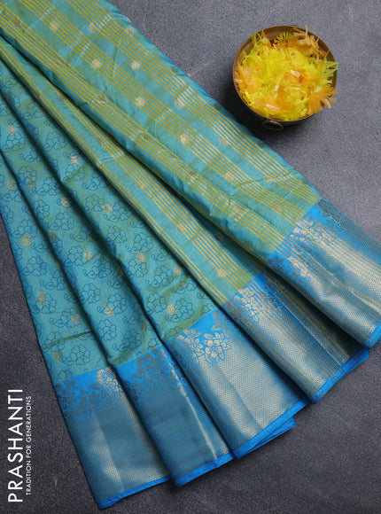 Semi raw silk saree teal shade and cs blue with floral prints & 1000 buttas and zari woven border