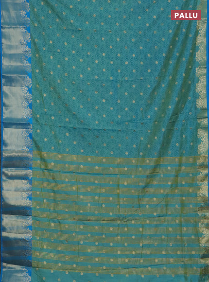 Semi raw silk saree teal shade and cs blue with floral prints & 1000 buttas and zari woven border
