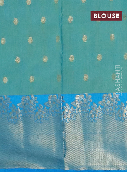 Semi raw silk saree teal shade and cs blue with floral prints & 1000 buttas and zari woven border