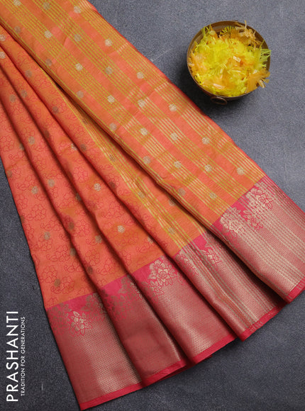 Semi raw silk saree orange and pink with floral prints & 1000 buttas and zari woven border