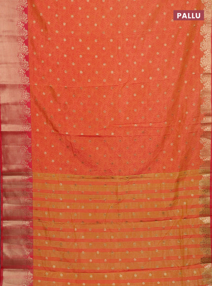 Semi raw silk saree orange and pink with floral prints & 1000 buttas and zari woven border