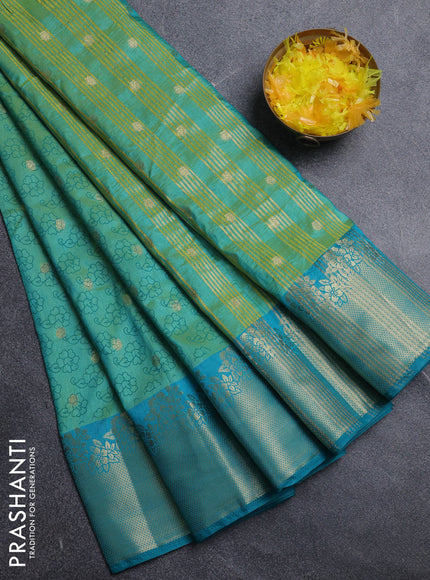 Semi raw silk saree teal green and blue with floral prints & 1000 buttas and zari woven border