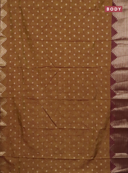 Semi raw silk saree mehendi green and brown with allover kalamkari prints & 1000 zari buttas and temple design zari woven border