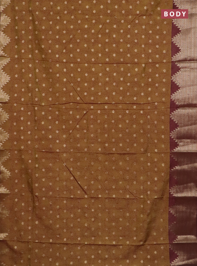 Semi raw silk saree mehendi green and brown with allover kalamkari prints & 1000 zari buttas and temple design zari woven border