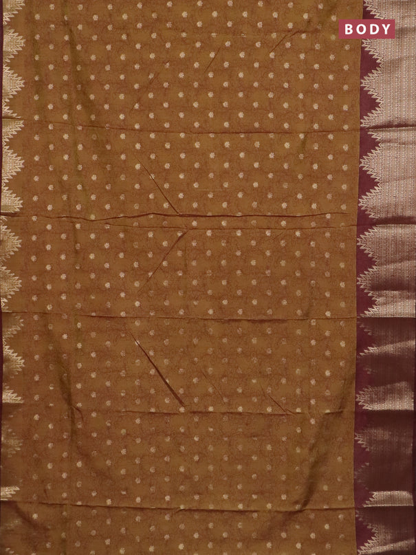 Semi raw silk saree mehendi green and brown with allover kalamkari prints & 1000 zari buttas and temple design zari woven border
