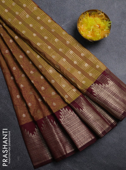Semi raw silk saree mehendi green and wine shade with allover kalamkari prints & 1000 zari buttas and temple design zari woven border