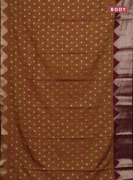 Semi raw silk saree mehendi green and wine shade with allover kalamkari prints & 1000 zari buttas and temple design zari woven border