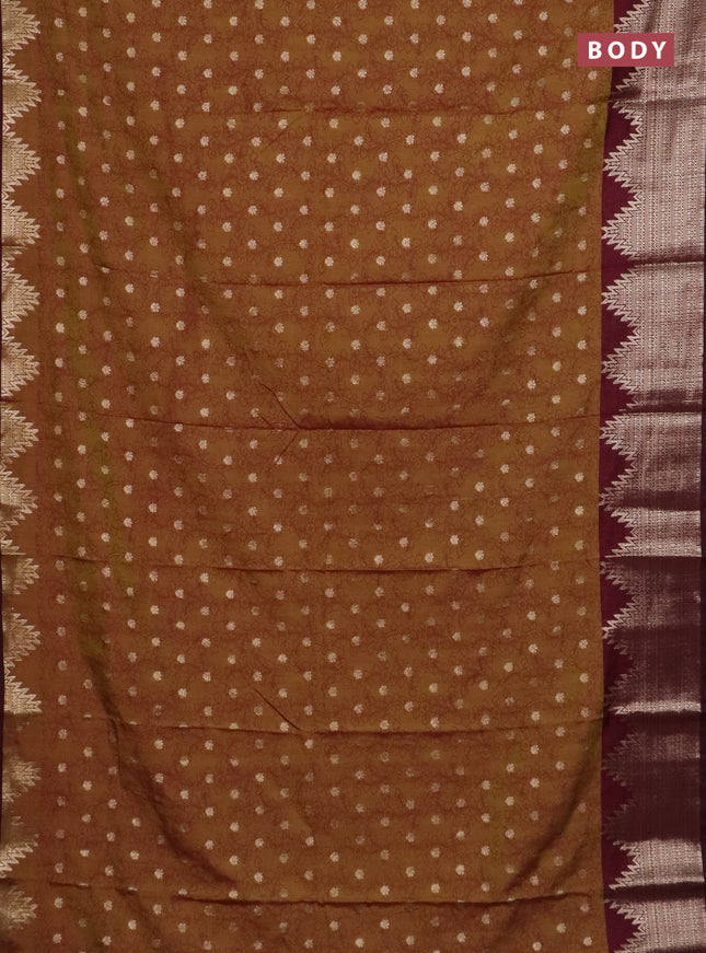 Semi raw silk saree mehendi green and wine shade with allover kalamkari prints & 1000 zari buttas and temple design zari woven border