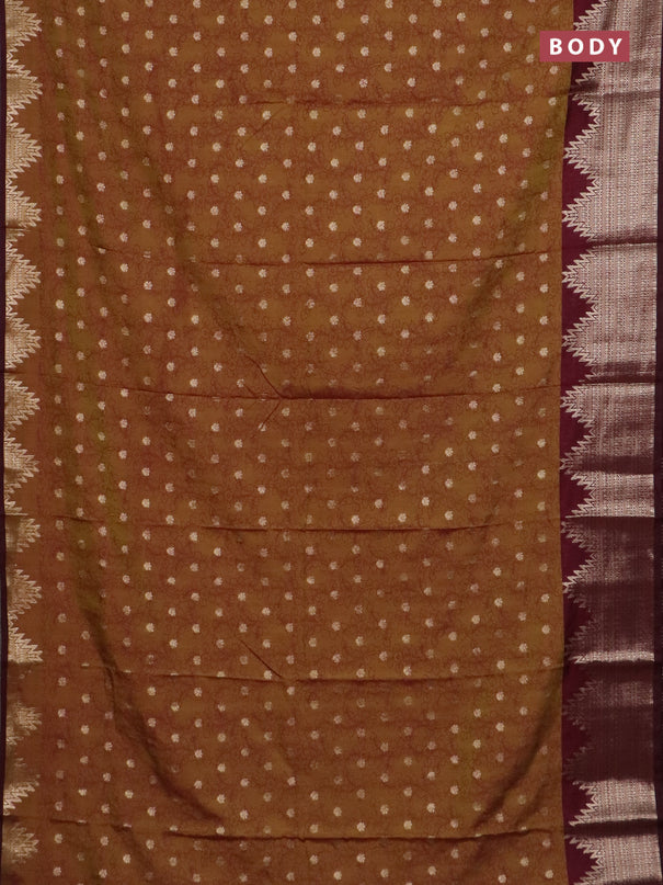 Semi raw silk saree mehendi green and wine shade with allover kalamkari prints & 1000 zari buttas and temple design zari woven border