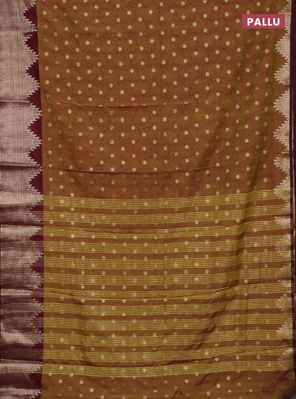 Semi raw silk saree mehendi green and wine shade with allover kalamkari prints & 1000 zari buttas and temple design zari woven border