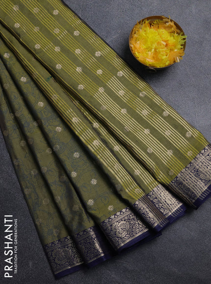 Semi raw silk saree mehendi green and navy blue with allover kalamkari prints & 1000 zari buttas and temple design zari woven border