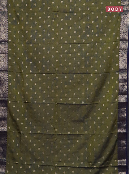 Semi raw silk saree mehendi green and navy blue with allover kalamkari prints & 1000 zari buttas and temple design zari woven border