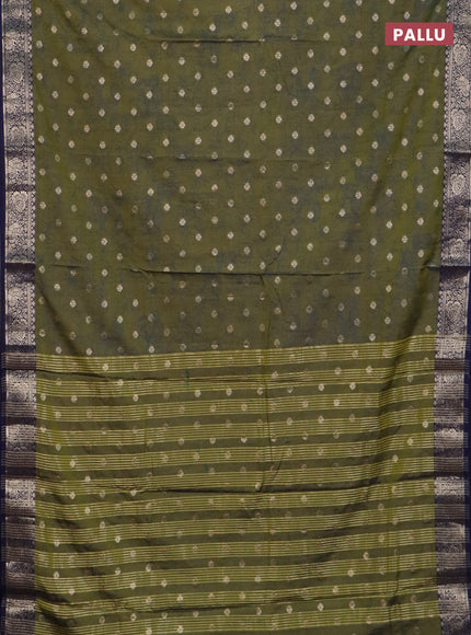 Semi raw silk saree mehendi green and navy blue with allover kalamkari prints & 1000 zari buttas and temple design zari woven border