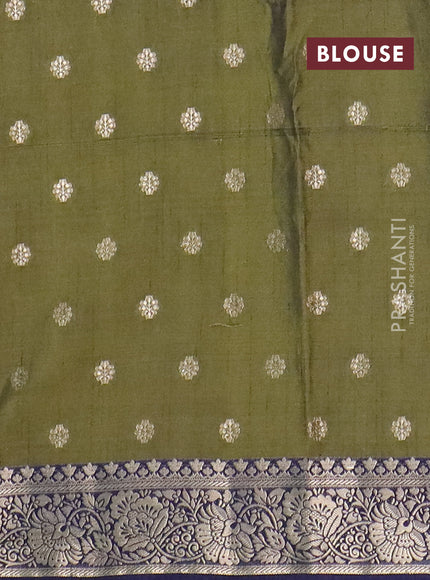 Semi raw silk saree mehendi green and navy blue with allover kalamkari prints & 1000 zari buttas and temple design zari woven border