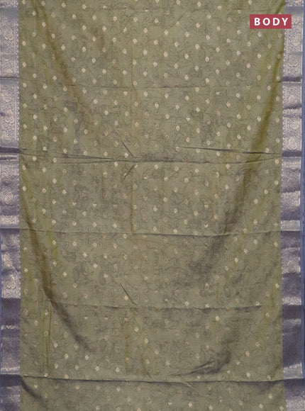 Semi raw silk saree elaichi green and grey with allover kalamkari prints & 1000 zari buttas and temple design zari woven border