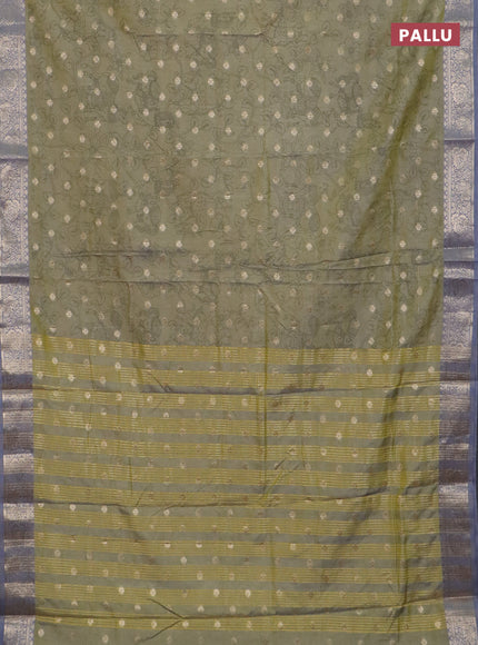 Semi raw silk saree elaichi green and grey with allover kalamkari prints & 1000 zari buttas and temple design zari woven border