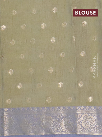 Semi raw silk saree elaichi green and grey with allover kalamkari prints & 1000 zari buttas and temple design zari woven border