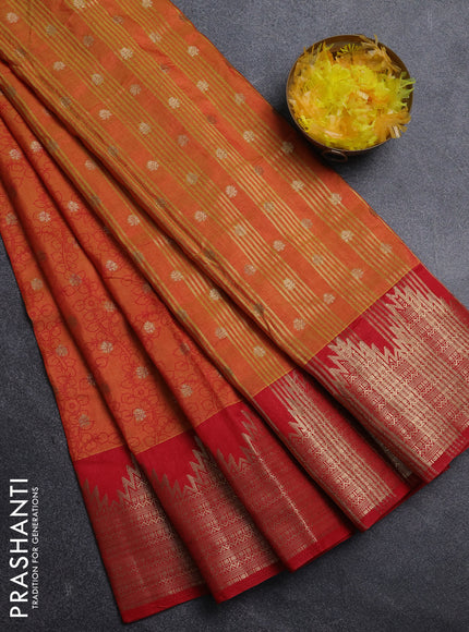Semi raw silk saree orange and red with allover kalamkari prints & 1000 zari buttas and temple design zari woven border