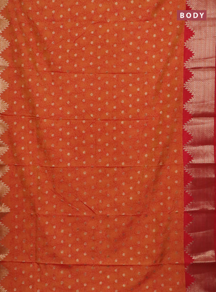 Semi raw silk saree orange and red with allover kalamkari prints & 1000 zari buttas and temple design zari woven border