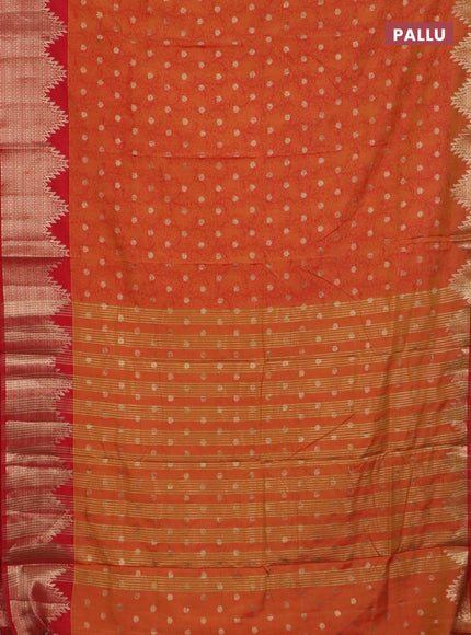 Semi raw silk saree orange and red with allover kalamkari prints & 1000 zari buttas and temple design zari woven border