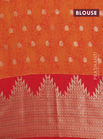 Semi raw silk saree orange and red with allover kalamkari prints & 1000 zari buttas and temple design zari woven border