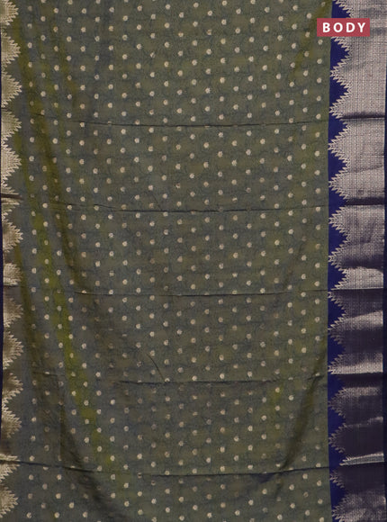 Semi raw silk saree mehendi green and navy blue with allover kalamkari prints & 1000 zari buttas and temple design zari woven border