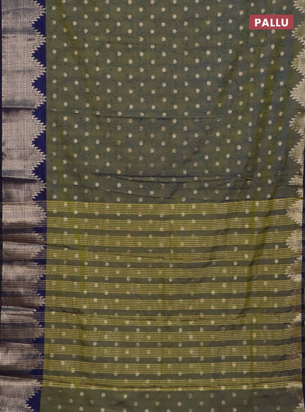 Semi raw silk saree mehendi green and navy blue with allover kalamkari prints & 1000 zari buttas and temple design zari woven border
