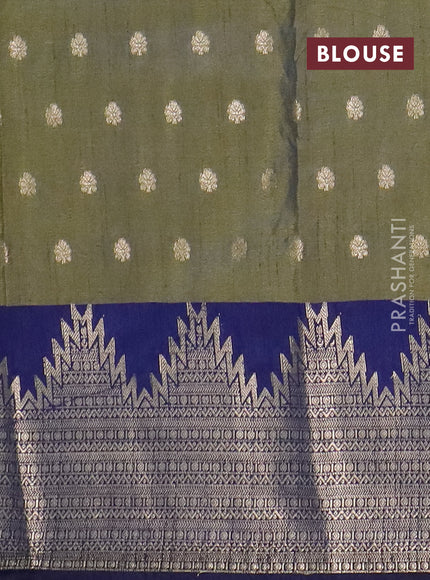 Semi raw silk saree mehendi green and navy blue with allover kalamkari prints & 1000 zari buttas and temple design zari woven border