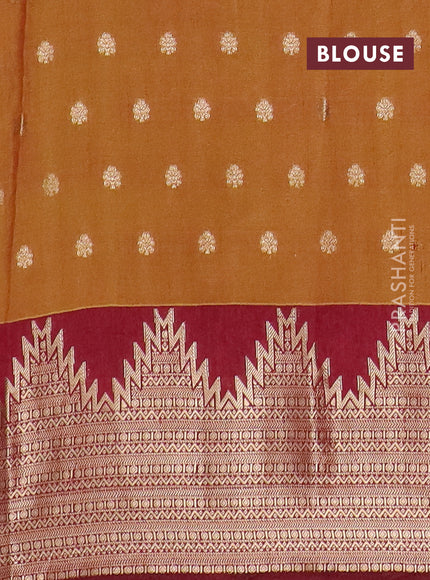 Semi raw silk saree dark mustard and deep maroon with allover kalamkari prints & 1000 zari buttas and temple design zari woven border