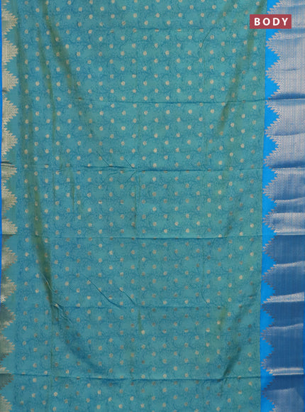 Semi raw silk saree dual shade of teal blue and cs blue with allover kalamkari prints & 1000 zari buttas and temple design zari woven border