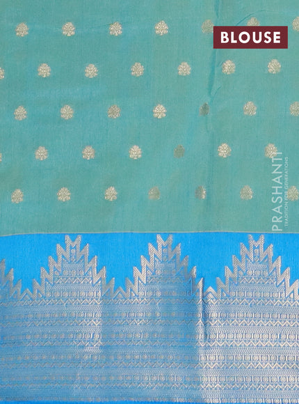Semi raw silk saree dual shade of teal blue and cs blue with allover kalamkari prints & 1000 zari buttas and temple design zari woven border