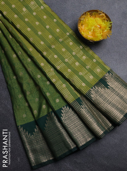 Semi raw silk saree mehendi green and bottle green with allover kalamkari prints & 1000 zari buttas and temple design zari woven border