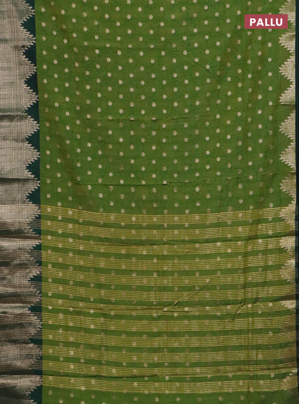 Semi raw silk saree mehendi green and bottle green with allover kalamkari prints & 1000 zari buttas and temple design zari woven border