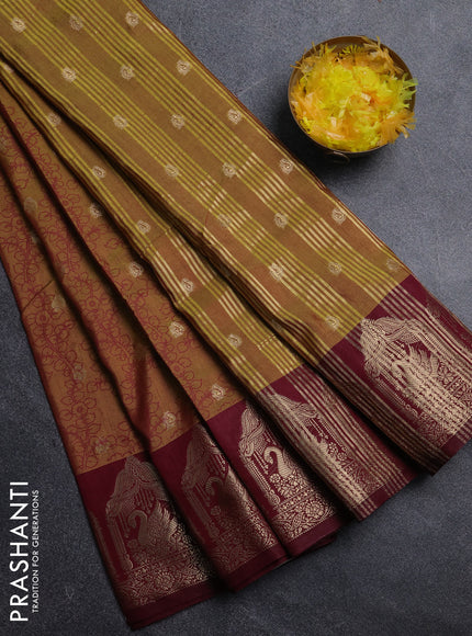 Semi raw silk saree mustard green and deep maroon with allover kalamkari prints & 1000 zari buttas and zari woven butta border
