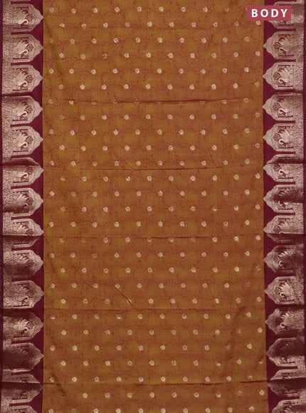 Semi raw silk saree mustard green and deep maroon with allover kalamkari prints & 1000 zari buttas and zari woven butta border