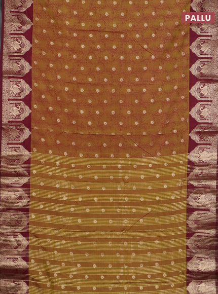 Semi raw silk saree mustard green and deep maroon with allover kalamkari prints & 1000 zari buttas and zari woven butta border