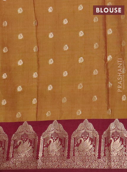 Semi raw silk saree mustard green and deep maroon with allover kalamkari prints & 1000 zari buttas and zari woven butta border