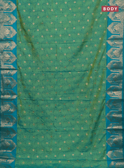 Semi raw silk saree dual shade of teal bluish green and teal green with allover kalamkari prints & 1000 zari buttas and zari woven butta border