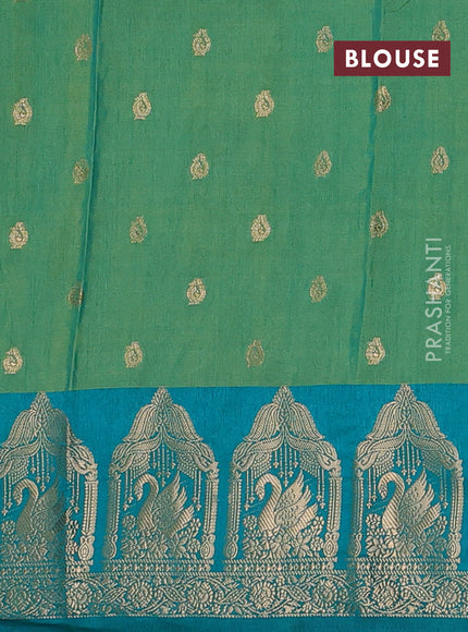 Semi raw silk saree dual shade of teal bluish green and teal green with allover kalamkari prints & 1000 zari buttas and zari woven butta border