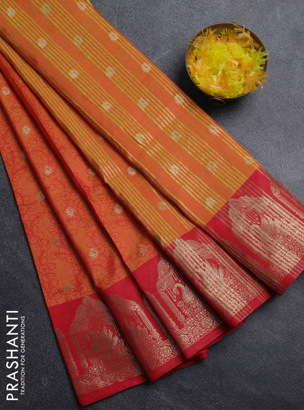 Semi raw silk saree dual shade of orange and red with allover kalamkari prints & 1000 zari buttas and zari woven butta border
