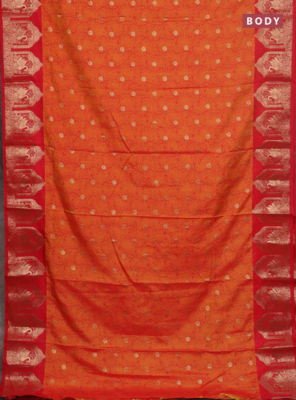 Semi raw silk saree dual shade of orange and red with allover kalamkari prints & 1000 zari buttas and zari woven butta border