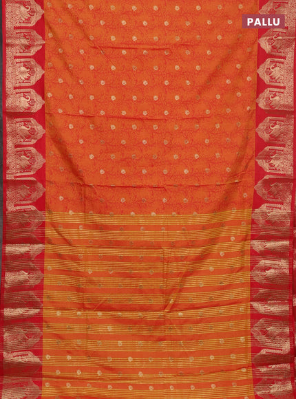 Semi raw silk saree dual shade of orange and red with allover kalamkari prints & 1000 zari buttas and zari woven butta border